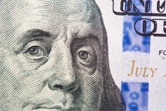 Benjamin Franklin em nós cem macro da nota de dólar foto de stock Benjamin Franklin em nós cem macro da nota de dólar foto de stock