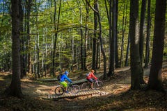 Berg biking vrouwen en personenvervoer op fietsen bij zonsondergangberg royalty-vrije stock afbeeldingen Berg biking vrouwen en personenvervoer op fietsen bij zonsondergangberg royalty-vrije stock afbeeldingen