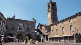 Bergamo, Italy. The old town. Landscape at the main square, the ancient Administration Headquarter and the clock tower