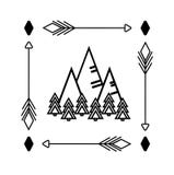 Bergen en bos Zwart-wit lineaire tekening in minimalistische stijl Sticker, embleem, drukkleren, zak, overdrukplaatjeglas stock illustratie Bergen en bos Zwart-wit lineaire tekening in minimalistische stijl Sticker, embleem, drukkleren, zak, overdrukplaatjeglas stock illustratie