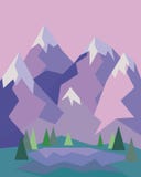 Bergen met een klein meer en bomen in geometrische stijl royalty-vrije illustratie Bergen met een klein meer en bomen in geometrische stijl royalty-vrije illustratie
