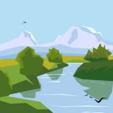 Berglandskap med en flod stock illustrationer Berglandskap med en flod stock illustrationer