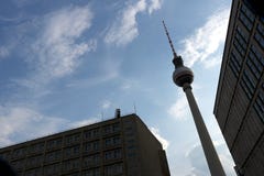 Berlin, Germany, 13 June 2018. The television tower at Alexanderplatz with the backdrop of a blue sky royalty free stock image Berlin, Germany, 13 June 2018. The television tower at Alexanderplatz with the backdrop of a blue sky royalty free stock image
