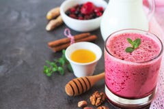 Berry Fruits Smoothie With Vegan Milk And Honey Stock Image