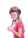 Little girl with cycling helmet on white