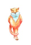 Bevindt de waterverf rode kat zich met een witte baard en behandelde ogen op zijn achterste benen royalty-vrije illustratie Bevindt de waterverf rode kat zich met een witte baard en behandelde ogen op zijn achterste benen royalty-vrije illustratie