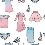 Bezszwowi deseniowi sukni spódnic bluzek pachnidła buty ilustracji Bezszwowi deseniowi sukni spódnic bluzek pachnidła buty ilustracji