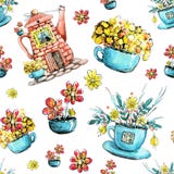 Bezszwowy wz?r, rysunkowa akwarela z wizerunkiem dom w czajniku i fili?anka, Projekta poj?cie dla herbaty, kawiarnia, restauracja ilustracji Bezszwowy wz?r, rysunkowa akwarela z wizerunkiem dom w czajniku i fili?anka, Projekta poj?cie dla herbaty, kawiarnia, restauracja ilustracji