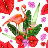 Bezszwowy wzór z Egzotycznym Tropikalnym kwiatem i flamingiem royalty ilustracja Bezszwowy wzór z Egzotycznym Tropikalnym kwiatem i flamingiem royalty ilustracja