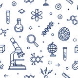 Bezszwowy wzór z laboranckim wyposażeniem, atrybuty nauka, naukowy eksperyment, bada patroszonego z konturem ilustracji Bezszwowy wzór z laboranckim wyposażeniem, atrybuty nauka, naukowy eksperyment, bada patroszonego z konturem ilustracji