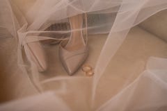 Beżowi bridal eleganccy buty i złoci pierścionki zakrywają z przesłoną _ Zdjęcie Royalty Free Beżowi bridal eleganccy buty i złoci pierścionki zakrywają z przesłoną _ Zdjęcie Royalty Free