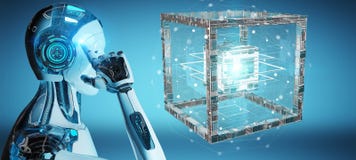 Biały robot tworzy przyszłościowego technologii struktury 3D rendering royalty ilustracja Biały robot tworzy przyszłościowego technologii struktury 3D rendering royalty ilustracja
