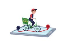 Bicicleta del montar a caballo del trabajador del servicio de entrega de la comida Orden en línea que sigue por smartphone Diseño stock de ilustración Bicicleta del montar a caballo del trabajador del servicio de entrega de la comida Orden en línea que sigue por smartphone Diseño stock de ilustración