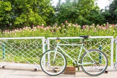 Bicicletta e giardino floreale, che come i precedenti fotografia stock Bicicletta e giardino floreale, che come i precedenti fotografia stock