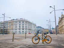 Bicycle parked on cityscape background in Vienna, Austria.Winter season royalty free stock image Bicycle parked on cityscape background in Vienna, Austria.Winter season royalty free stock image