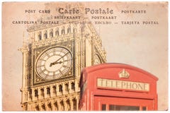 Big Ben en een rode Engelse telefooncel in Londen, het UK, collage op sepia uitstekende prentbriefkaarachtergrond, woordprentbrie stock foto's Big Ben en een rode Engelse telefooncel in Londen, het UK, collage op sepia uitstekende prentbriefkaarachtergrond, woordprentbrie stock foto's
