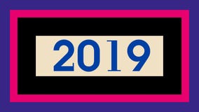 New Year illustration design. Big blue"2019" number on pale bright yellow small horizontal rectangle-shaped which is on black backround.This all shape royalty free illustration New Year illustration design. Big blue"2019" number on pale bright yellow small horizontal rectangle-shaped which is on black backround.This all shape royalty free illustration