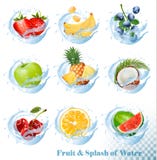 Big collection of fruit in a water splash icons. Pineapple, apple, banana. Vector Set royalty free illustration Big collection of fruit in a water splash icons. Pineapple, apple, banana. Vector Set royalty free illustration