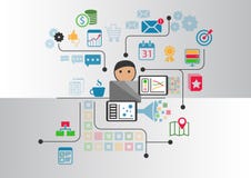 Big data, analytics and business intelligence concept. Cartoon person connected to data and information retrieved from the royalty free illustration Big data, analytics and business intelligence concept. Cartoon person connected to data and information retrieved from the royalty free illustration