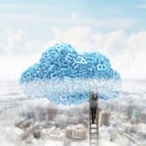 Big data. Blue characters in cloud shape with businessman climbing vector illustration Big data. Blue characters in cloud shape with businessman climbing vector illustration