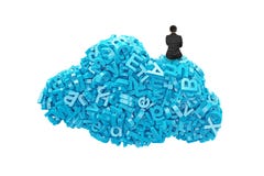 Big data. Blue characters in cloud shape with businessman sitting stock photos Big data. Blue characters in cloud shape with businessman sitting stock photos