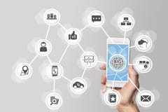 Big data concept in order to analyze large volume of data from connected mobile devices. Hand holding smart phone on white backgro stock photo Big data concept in order to analyze large volume of data from connected mobile devices. Hand holding smart phone on white backgro stock photo