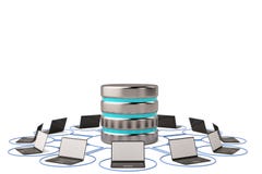 Big data hard disk drive metal data storage icon and laptops.3D stock illustration Big data hard disk drive metal data storage icon and laptops.3D stock illustration