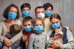 Big family in protection masks looking at the camera. Prevention against covid infection, virus, pandemics, epidemics