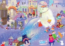 Big ice bear in a cute little winter town stock illustration Big ice bear in a cute little winter town stock illustration