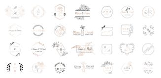 Big set of Wedding monogram logos collection, hand drawn modern minimalistic and floral templates for Invitation cards