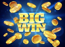 Big win. Prize label with gold flying coins, winning game. Casino cash money jackpot gambling vector abstract background stock illustration Big win. Prize label with gold flying coins, winning game. Casino cash money jackpot gambling vector abstract background stock illustration