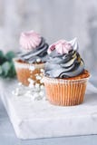 Bigné con i baci grigi glassare e di meringa del buttercream sul bordo di marmo immagine stock Bigné con i baci grigi glassare e di meringa del buttercream sul bordo di marmo immagine stock
