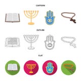 Bijbel, menorah, hamsa, orthodox kruis Pictogrammen van de godsdienst de vastgestelde inzameling in beeldverhaal, overzicht, de v stock illustratie Bijbel, menorah, hamsa, orthodox kruis Pictogrammen van de godsdienst de vastgestelde inzameling in beeldverhaal, overzicht, de v stock illustratie
