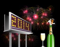 Billboard Advertising New year 2014. Illustration showing a billboard advertising new year 2014 with wine and glass and fireworks at night time royalty free illustration Billboard Advertising New year 2014. Illustration showing a billboard advertising new year 2014 with wine and glass and fireworks at night time royalty free illustration