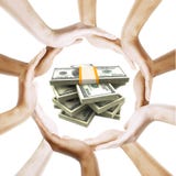 Billets d'un dollar avec les mains humaines multiraciales autour Images stock Billets d'un dollar avec les mains humaines multiraciales autour Images stock