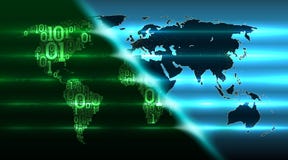 Binary code world map with background of abstract hardware. Digital global technologies take over world. Cloud service royalty free illustration Binary code world map with background of abstract hardware. Digital global technologies take over world. Cloud service royalty free illustration
