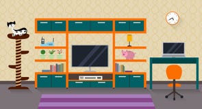 Binnenland van een woonkamer met meubilair, TV en een leuke kat royalty-vrije illustratie Binnenland van een woonkamer met meubilair, TV en een leuke kat royalty-vrije illustratie