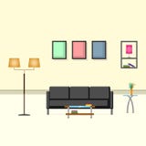 Binnenlandse de kleurenwoonkamer van de ontwerproom met bank, lamp, vaas en omlijsting vector illustratie Binnenlandse de kleurenwoonkamer van de ontwerproom met bank, lamp, vaas en omlijsting vector illustratie