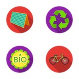 Bioaufkleber, eco Fahrrad, Sonnenkollektor, Zeichen aufbereitend Bio- und gesetzte Sammlungsikonen der Ökologie in der flachen Ar Lizenzfreies Stockfoto Bioaufkleber, eco Fahrrad, Sonnenkollektor, Zeichen aufbereitend Bio- und gesetzte Sammlungsikonen der Ökologie in der flachen Ar Lizenzfreies Stockfoto