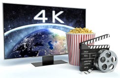 Bioskoopklep, popcorn en 4k TV 3d beeld stock illustratie Bioskoopklep, popcorn en 4k TV 3d beeld stock illustratie