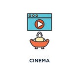 biosymbol, symbol av filmen eller gem på den stora skärmen med lekknappen och ätapopcorn, modern översikt, gullig tecknad film fö stock illustrationer biosymbol, symbol av filmen eller gem på den stora skärmen med lekknappen och ätapopcorn, modern översikt, gullig tecknad film fö stock illustrationer