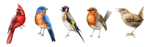 Bird set watercolor illustration. Red cardinal, eastern bluebird, goldfinch, robin, wren close up images. Realistic