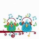 Birds Sitting On Branch Listen Music Wear Headphones Notes royalty free illustration Birds Sitting On Branch Listen Music Wear Headphones Notes royalty free illustration