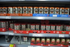 BIRMINGHAM, UK - March 2018 ASDA Coffee in Powder and Granules on Display Shelves. Instant Decaf and Espresso in royalty free stock image BIRMINGHAM, UK - March 2018 ASDA Coffee in Powder and Granules on Display Shelves. Instant Decaf and Espresso in royalty free stock image