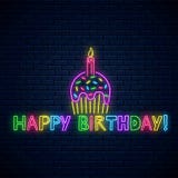 Birthday cake celebration symbol in neon style. Happy birthday glowing neon sign with cake, candle and comic inscription