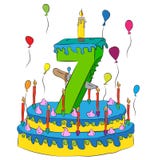 Birthday Cake With Number Seven Candle, Celebrating Seventh Year of Life, Colorful Balloons and Chocolate Coating Stock Photo Birthday Cake With Number Seven Candle, Celebrating Seventh Year of Life, Colorful Balloons and Chocolate Coating Stock Photo