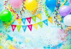 Birthday party frame with balloons, streamers and confetti on colorful background with copy space royalty free stock photos Birthday party frame with balloons, streamers and confetti on colorful background with copy space royalty free stock photos