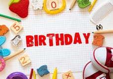 birthday party written in a mix of colorful plastic letters, isolated on white