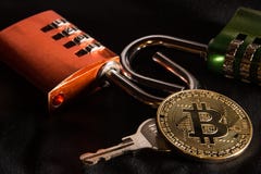 Bitcoin, combinatieslot, sleutel royalty-vrije stock fotografie Bitcoin, combinatieslot, sleutel royalty-vrije stock fotografie