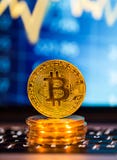 Bitcoin guld- mynt med bärbar datortangentbordet Faktiskt cryptocurrencybegrepp royaltyfria foton Bitcoin guld- mynt med bärbar datortangentbordet Faktiskt cryptocurrencybegrepp royaltyfria foton